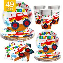 Monster Truck Disposable Plate, Napkin, Cup Set, Plates, Napkins And Cups Party Supplies, Serves 8 Guests, Disposable Paper Plates Party Tableware Suitable For Birthday, Wedding, Theme Party, Family Picnic - Multicolor - View 1
