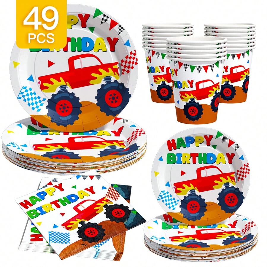 Monster Truck Disposable Plate, Napkin, Cup Set, Plates, Napkins And Cups Party Supplies, Serves 8 Guests, Disposable Paper Plates Party Tableware Suitable For Birthday, Wedding, Theme Party, Family Picnic - Multicolor - View 1