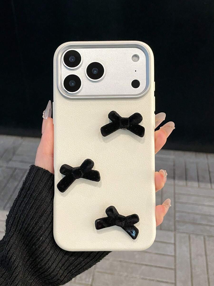 1pc Unisex Solid White New Year Phone Case With Removable DIY Exquisite Velvet Bow - Elegant Premium Cover For Apple 17/17 Pro Max/16/15/14/13/12/11/Pro/Pro Max/Plus, S20-S25/FE/Ultra, Redmi | Shockproof Anti-Slip Scratch-Resistant Gift - White - View 1