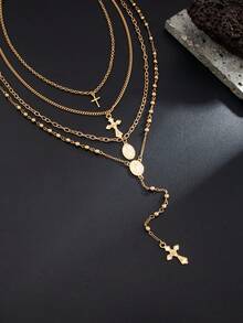 4pcs/Set Fashionable Versatile Men's Cross & Ball Chain Necklace Set, Suitable For Casual And Work Outfits - Gold - View 6