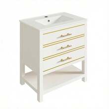 White Bathroom Vanity Unit With Ceramic Sink – Freestanding Bathroom Vanity Unit With 2 Drawers And Open Compartment, High-Quality MDF Board With Lacquered Finish, Gold Handles, Without Tap Or Drain - White - View 6