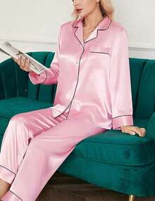 Valentine's Day Limited High-End Fashion Satin Silk Women's Pajama Set Long Sleeve Button-Down Sleepwear XS-3XL Comfortable Warm Loungewear - Hồng - Xem 3