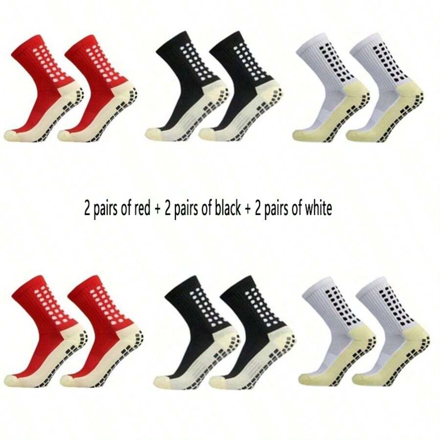 6 Pair Of Unisex Anti Odor & Sweat Absorption Crew Grip Socks With Anti Slip Silicone Thicken Bottom Tubesocks For Football Soccer Basketball Tennis Cycling - 2 pairs red + 2 pairs black + 2 pairs white - 查看 1