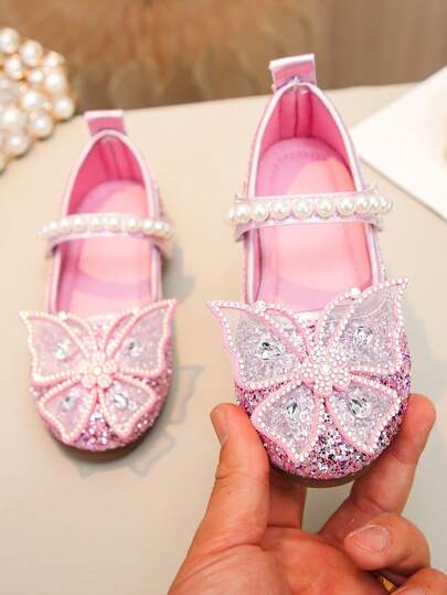 Cute Pearl Bow Color Diamond Flat Shoes For Toddler Girls School Princess Shoes