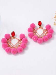 1对简约时尚清新夸张毛球微镶锆石吊坠耳环，小众高端女士耳环 - 玫紅色 - 查看 7