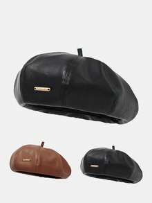 1pc Women's Beret Black Pu Leather Soft Hat Popular In Saudi Arabia Casual Fashion Hat Women's Accessories Kpop - Eight-piece Beret With Square Top - View 1