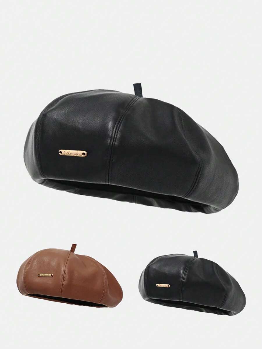 1pc Women's Beret Black Pu Leather Soft Hat Popular In Saudi Arabia Casual Fashion Hat Women's Accessories Kpop - Eight-piece Beret With Square Top - View 1