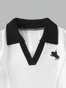 Bộ 2 món thời trang cho bé gái, áo cổ chữ V tay ngắn phối đen trắng và quần ống rộng, thích hợp mặc mùa hè. - trắng - Xem 3