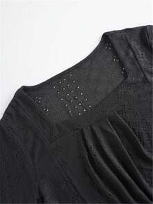 Square Neck Embroidered T-Shirt, Casual Short Sleeve Pleated Blouse, Spring Summer Women Clothing - Black - View 4