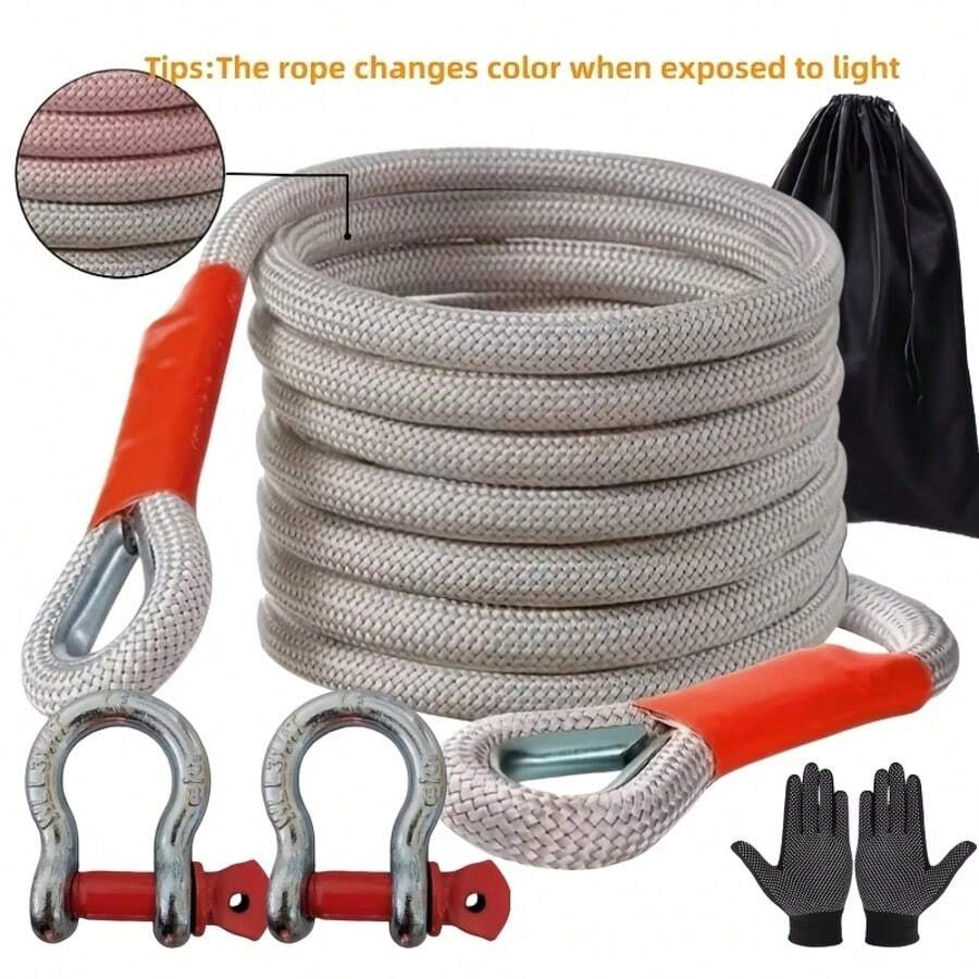 Outdoor Rescue Towing Rope - Including Steel Hook+Reflective+Storage Bag - Thick And Thick Towing Rope - Suitable For Use In Cars And Trucks - Suitable For Various Scenarios Such As Towing And Rescuing Vehicles When They Break Down, Towing, Etc - 30英尺加粗款 - 查看 1