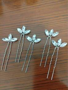 5pcs Women's Handmade Silver Glass Rhinestone Leaf Hair Clips, Bridal Wedding Party Accessories Valentine's Day Accessories - Silver - View 5