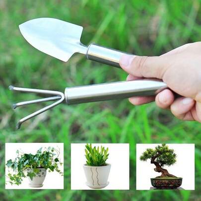 1 Set (2pcs) Stainless Steel Flower Pot Trowel Rake Gardening Tools For Potted Plants And Flower Cultivation