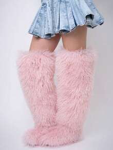 Women's Winter Knee High Boots Pull-On Faux Fur Round Toe Strap Boots For Women Comfy Plush Warm Outdoor Indoor Flat Shoes Punk Party Dressy Furry Fluffy Winter Autumn Fall Boots - Hồng dài - Xem 4