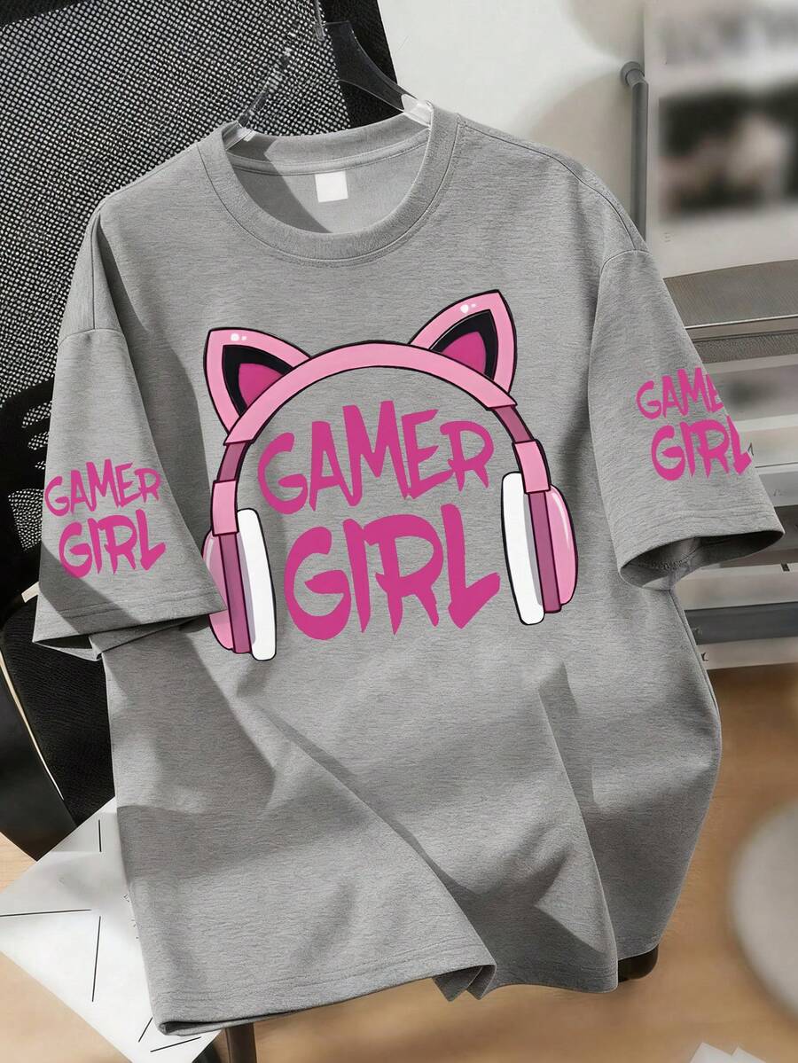 1pc Girl's Gamer T-Shirt With Cat Ear Headphone Graphic, Soft & Comfortable Fabric, Suitable For School & Daily Wear In Summer - Grey - View 1