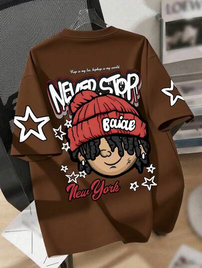 Áo thun ngắn tay phong cách đường phố Hip-Hop cho bé trai, in hình hoạt hình graffiti "NEVER STOP", trang phục thiết yếu cho việc đi học hàng ngày.