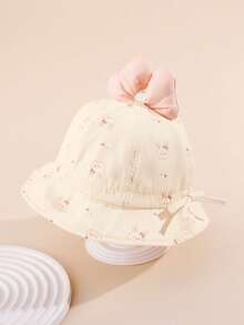 1顶婴儿柔软棉质兔子印花蝴蝶结可调节宽檐遮阳帽，休闲户外防紫外线 - 1PC - 查看 6