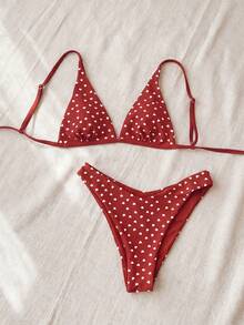 Bộ bikini nữ mới, kiểu dáng thường ngày, dễ thương, in hình trái tim màu đỏ, gồm áo và quần tam giác, thích hợp cho kỳ nghỉ biển. - Đỏ - Xem 5