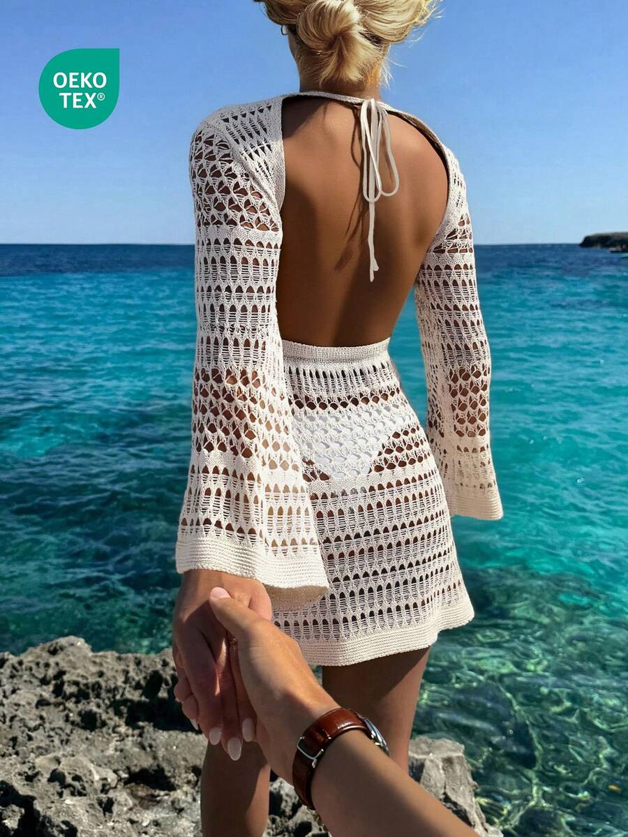 女士镂空露背长袖钩针编织罩衫连衣裙，波西米亚风沙滩装，春夏款