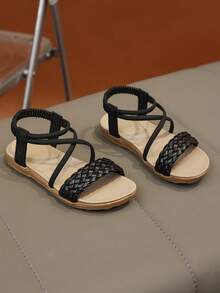 1双复古露趾儿童凉鞋，夏季新款时尚透气沙滩鞋，软底防滑 - 黑色 - 查看 3