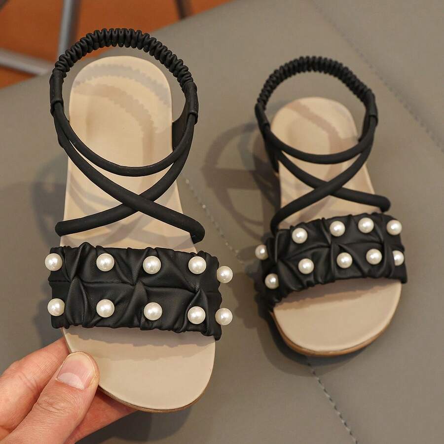 1双复古露趾儿童凉鞋，夏季新款时尚透气沙滩鞋，软底防滑 - 黑色 - 查看 1