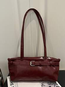 1个复古大容量手提包，通勤超大腋下包，时尚摩托车手提包，PU纯色油蜡皮革，带肩带装饰，拉链封口，女士单肩包，适合工作、大学生背包、短途旅行、度假、购物、商务等场合，日常使用皆宜。 - 酒紅色 - 查看 5