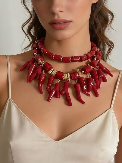 1 pieza Collar colgante exagerado con forma de asta de coral hecho a mano y con cuentas de moda para mujeres