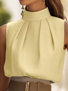 Sleeveless High Neck Pleated Top, Commuter Chic Niche Design Fitted Tank Top For Women Summer Casual - Yellow - View 2