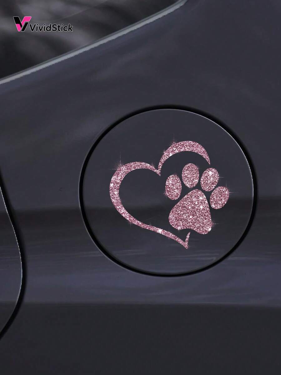 1pc Dog Paw Print Heart Design Faux Diamond Sticker, Shiny Cute Car Motorcycle Cartoon Decal - A - View 1