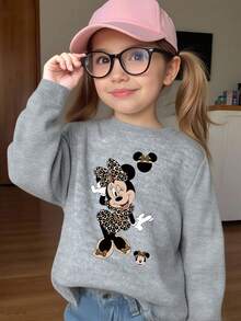 1pc Disney Minnie Mouse Leopard Pattern Retro Vibe Sweatshirt For Tween Girls, Stylish & Comfortable Versatile Pullover For School & Weekend Outings - 灰色 - 查看 2