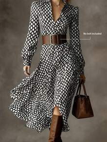 Women's Elegant Dress, Vintage Floral Print Waist Shirt Midi Dress, French Retro Long Skirt Design, Suitable For Music Festival, Work Commute And Dates, Belt Not Included - Black - View 2