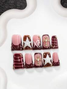 10件套奢华法式亚克力美甲套装，包含亚克力美甲贴纸、金色闪粉十字架装饰、手绘白色不对称雨滴和五角星图案、红色方形设计，尽显高贵气质，是送给女性和女孩的理想美甲礼物。套装包含美甲工具（1张果冻贴纸+1把指甲锉），三种尺寸可选：杏仁形、鸭嘴形、棺材形美甲。手工美甲贴片。 - 彩色 - 查看 16