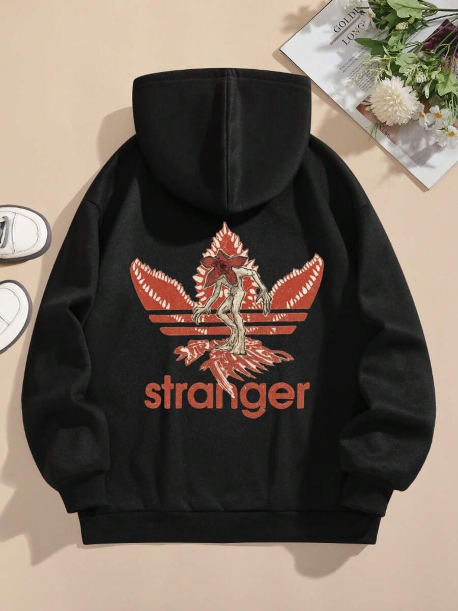 Grafik-Muster Hoodie mit Kordelzug, lässiger Kapuzenpullover für Frauen im Winter und Herbst - Schwarz - Übersicht 1
