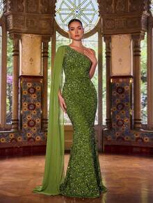 Faeriesty 女士优雅闪亮亮片单肩美人鱼晚礼服 - 适合奢华婚礼、盛大晚宴、颁奖典礼、正式晚宴和红毯活动 - 橄欖綠 - 查看 3