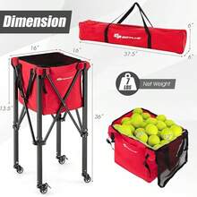 Foldable Tennis Ball Hopper, Lightweight Aluminum Tennis Ball Basket With Wheels, Removable Bag, Side Pockets, Carry Bag, Portable Sports Teaching Cart Holds 150 Tennis Balls - 紅色 - 查看 2