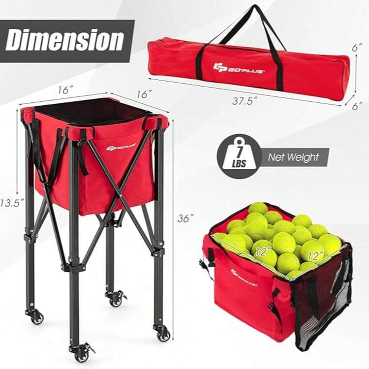 Foldable Tennis Ball Hopper, Lightweight Aluminum Tennis Ball Basket With Wheels, Removable Bag, Side Pockets, Carry Bag, Portable Sports Teaching Cart Holds 150 Tennis Balls - 紅色 - 查看 2