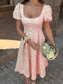 女士春夏优雅方领花瓣袖印花纹理腰部喇叭下摆中长连衣裙，适合度假、婚礼、派对等场合，粉色 - 粉色 - 查看 2