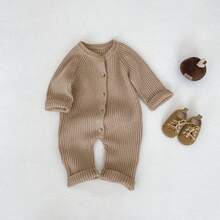 New Autumn/Winter Baby Knitted Jumpsuit, Unisex Infant Thick Ribbed Romper, Fashion Versatile Knitted Bodysuit - Khaki - View 2