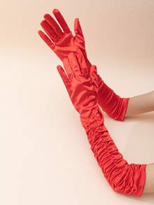 1 Pair Plain Ruffle Long Formal Gloves For Wedding Party - Red-235 - View 4
