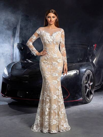 Faeriesty Elegant Mermaid Evening Gown With Sheer Floral Lace Overlay, Illusion Sleeves, And Open Back Design, Suitable For Weddings, Formal Events, And Red Carpet Occasions