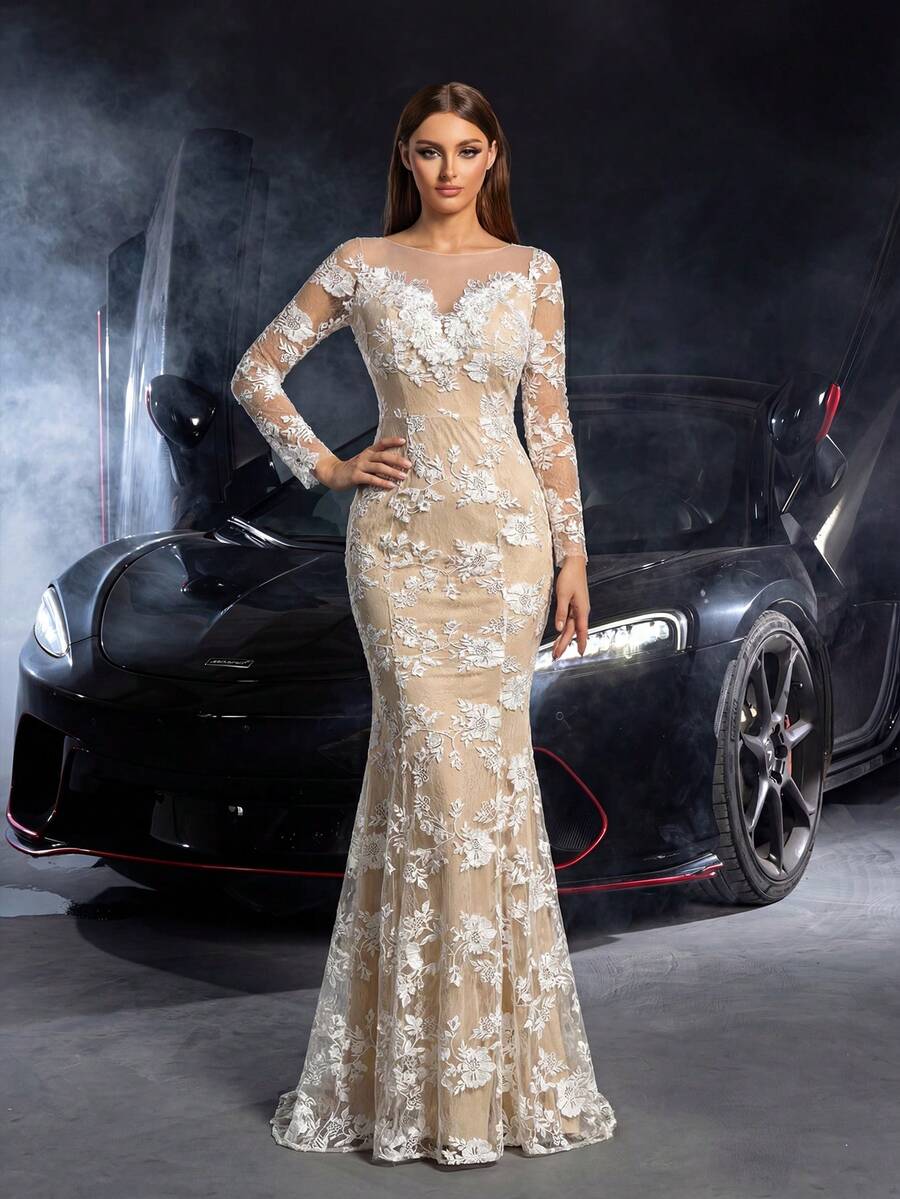 Faeriesty Elegant Mermaid Evening Gown With Sheer Floral Lace Overlay, Illusion Sleeves, And Open Back Design, Suitable For Weddings, Formal Events, And Red Carpet Occasions - White - View 1