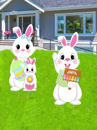 34.36英寸兔子一家和彩蛋庭院装饰牌 - 户外花园草坪装饰 - 大型兔子标志 - 复活节快乐庭院装饰牌，适用于派对用品和春季装饰