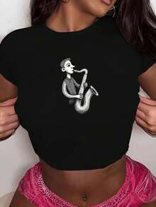 Abstract Jazz Saxophone Player Fashionable Women's Short Sleeve T-Shirts - Black - View 1