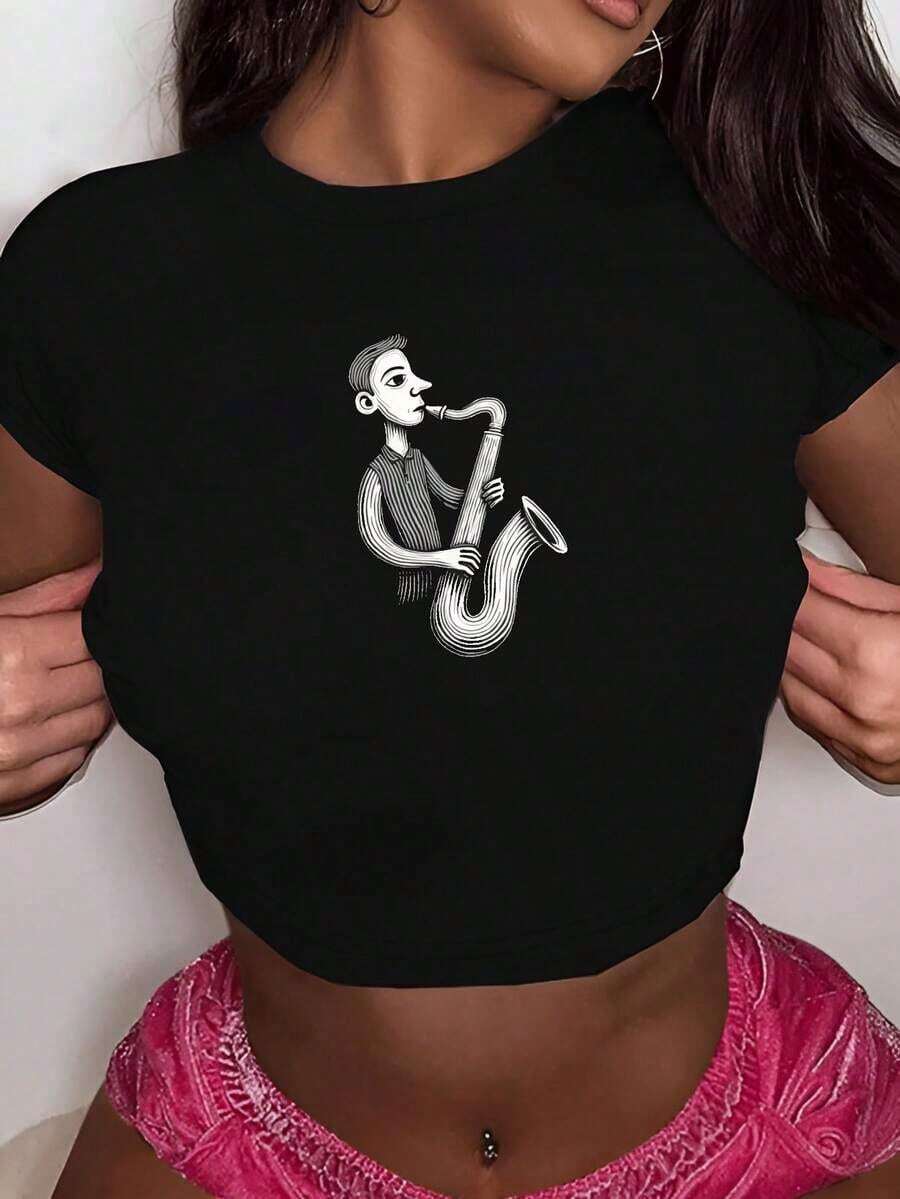 Abstract Jazz Saxophone Player Fashionable Women's Short Sleeve T-Shirts - Black - View 1