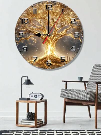 1pc 10"/12" Wooden Illuminated Tree Design Silent Wall Clock, Suitable For Living Room, Bedroom, Kitchen Decor, Battery Not Included