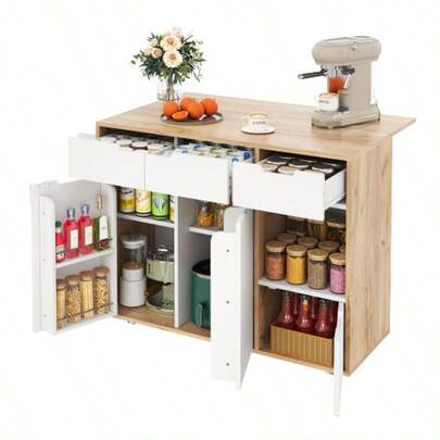 Modern Serving Cart Equipped With 360° Swivel Casters. Clever Design With Drawers, Doors, And Open Compartments. Flush Handles And Robust Construction: Ideal For The Kitchen And Living Room.