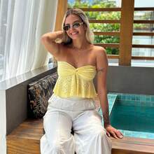 Women's Boho Chic Strapless Embroidered Top ✨ Front Tie With Cutout Detail | Summer Fashion ☀️ Knotted Fabric / Cutouts Beach Vacation Summer - Màu vàng - Xem 2
