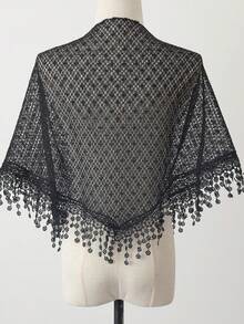 新款热销女士三角披肩，网纱、亮片和蕾丝饰边——多功能头巾围巾，浪漫透气，纯色，宽松版型 - 大尺寸版白色 - 查看 1