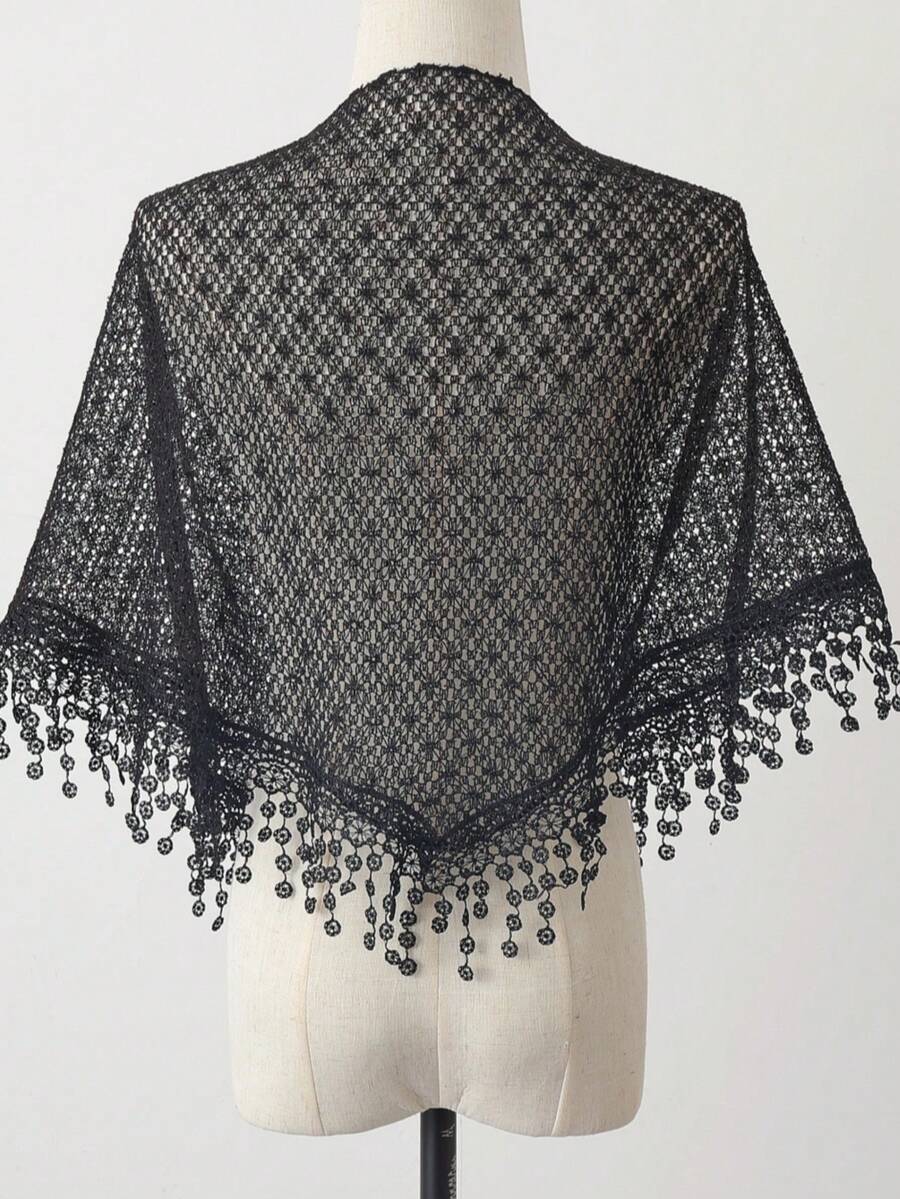 新款热销女士三角披肩，网纱、亮片和蕾丝饰边——多功能头巾围巾，浪漫透气，纯色，宽松版型 - 大尺寸版白色 - 查看 1