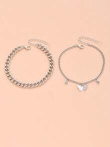 2pcs Fashionable & Versatile Minimalist Butterfly Pendant Anklets - Silver - View 2
