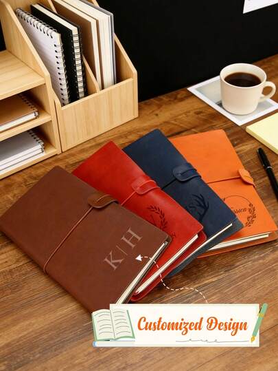 Customized Retro Personalized Leather Notebook - Elegant Embossed Cover Leather-Bound Notebook, Customizable Initial/First Name Calendar. Four-Color Surround Leather Notebook With Closure Strap, A Unique Diary Like Your Story, Fashionable Leather-Bound Notebook With Natural Tones, Personalized Leather Notebook